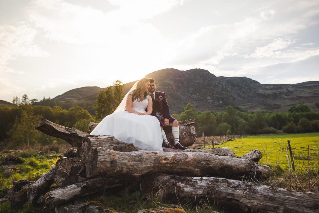 bride and groom logs